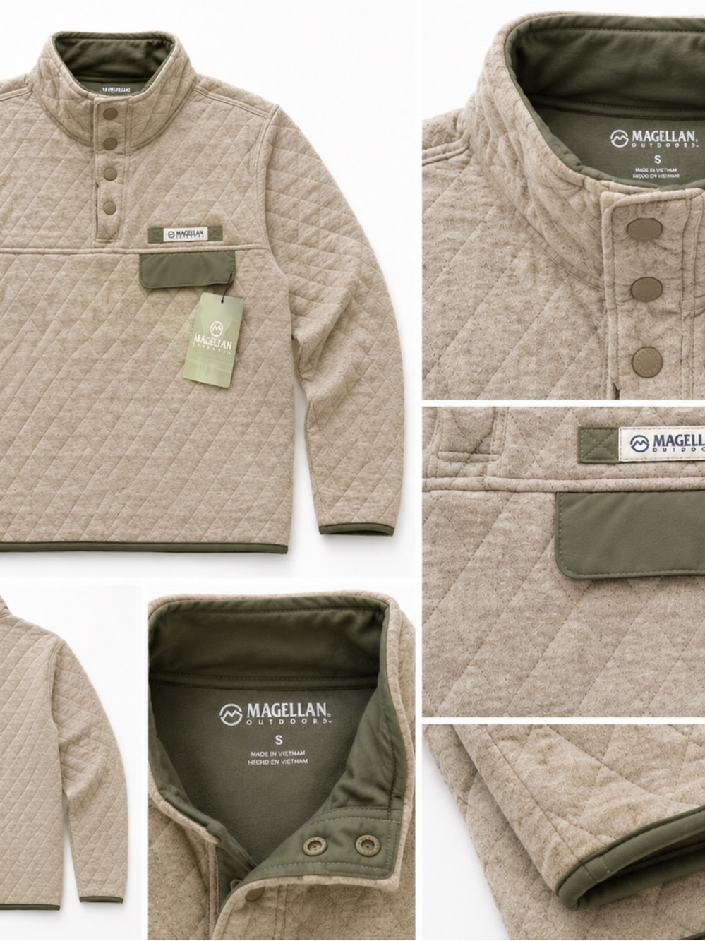 Magellan Outdoors Quilted Pullover in Khaki with Olive Trim